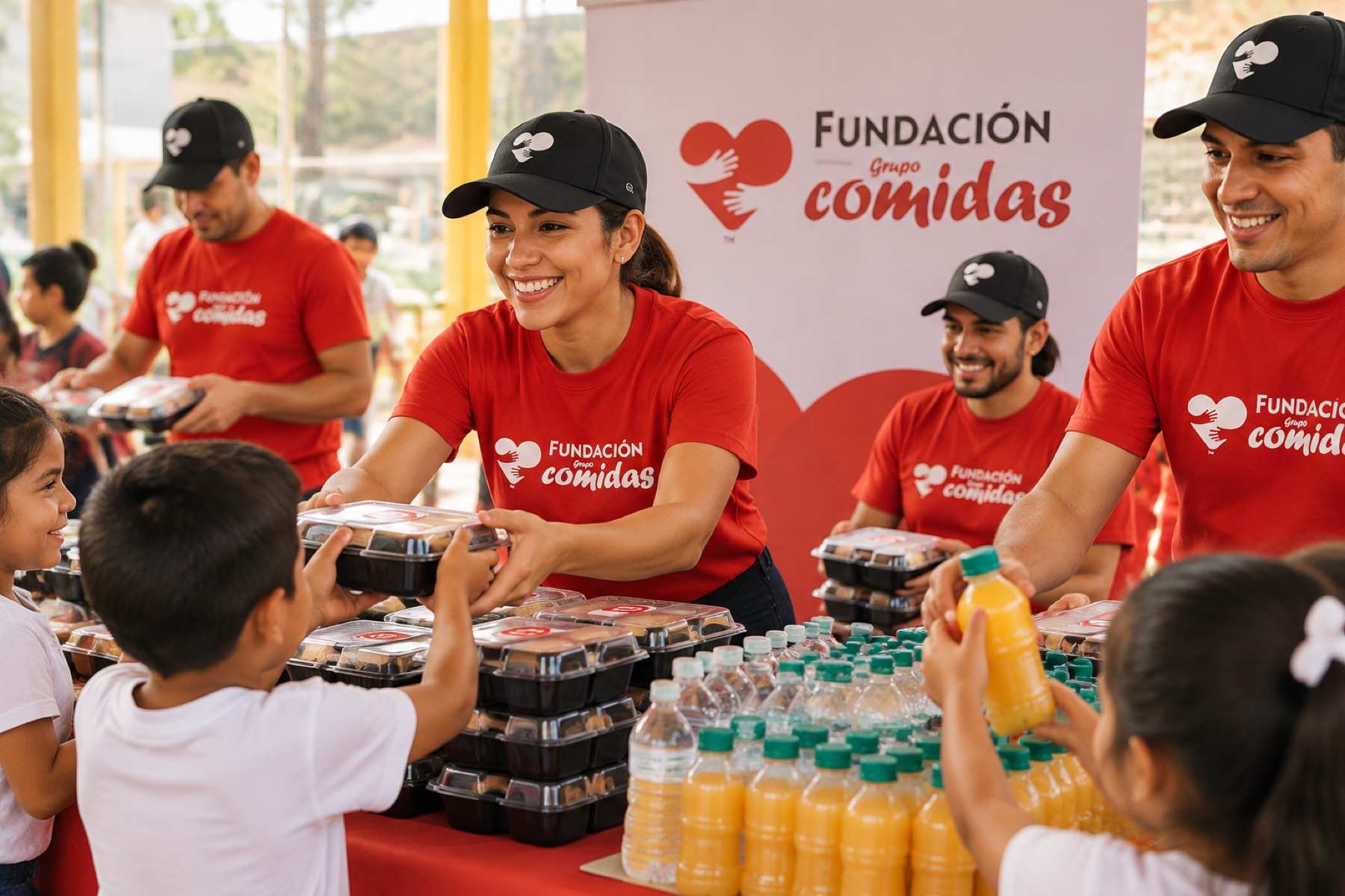Voluntarios de Fundación Grupo Comidas entregando alimentos a niños
